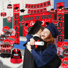 Graduation Decorations Red and Black Party Decor Set Include Congrats Grad