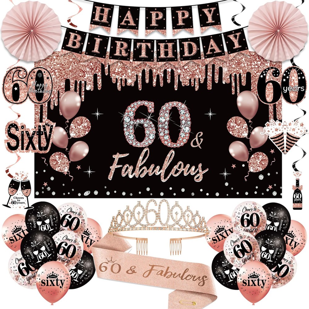 60th Birthday Decorations for Women, 33pcs Black Rose Gold