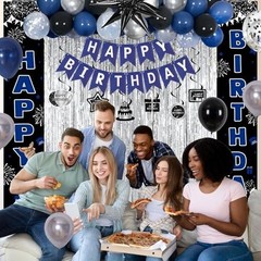 Blue & Black Birthday Party Decorations – Balloons, Banner, Tablecover, Fringe C