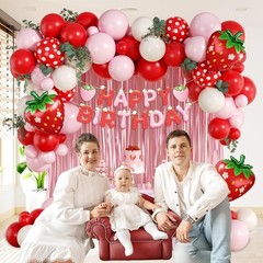 Strawberry Birthday Party Decorations with Pink Fringe Curtain Happy Birthday…