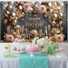Luxury Happy Birthday Backdrop Black Gold Party Decoration Elegant Balloon Champ