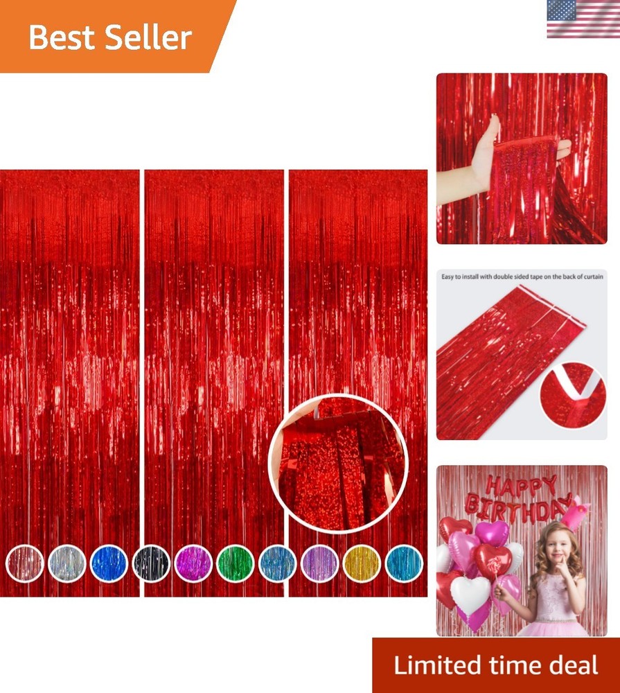 Red Foil Fringe Curtain 3 Pack 3.2 x 8.2 ft Shiny Tinsel Backdrop for Birthda…