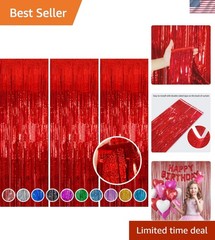 Red Foil Fringe Curtain 3 Pack 3.2 x 8.2 ft Shiny Tinsel Backdrop for Birthda…