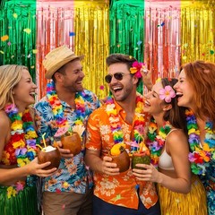 Luau Party Decorations – Tropical Streamers Backdrop Banner | Green Gold Rose
