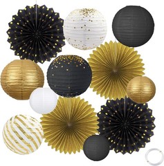 Black and Gold Party Decorations Set with Hanging Paper Lanterns Fans for Gra…