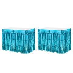 2 Pcs 29×108 Inch Lake Blue Metallic Foil Fringe Tinsel Table Skirts
