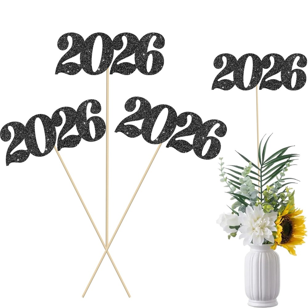 Black Glitter 2026 Number Centerpiece Sticks Class Of 2026 Table Toppers 12 PCS