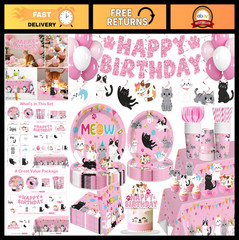 213pcs Cat Birthday Party Decorations Set – Plates, Cupcake Toppers & Tablecloth