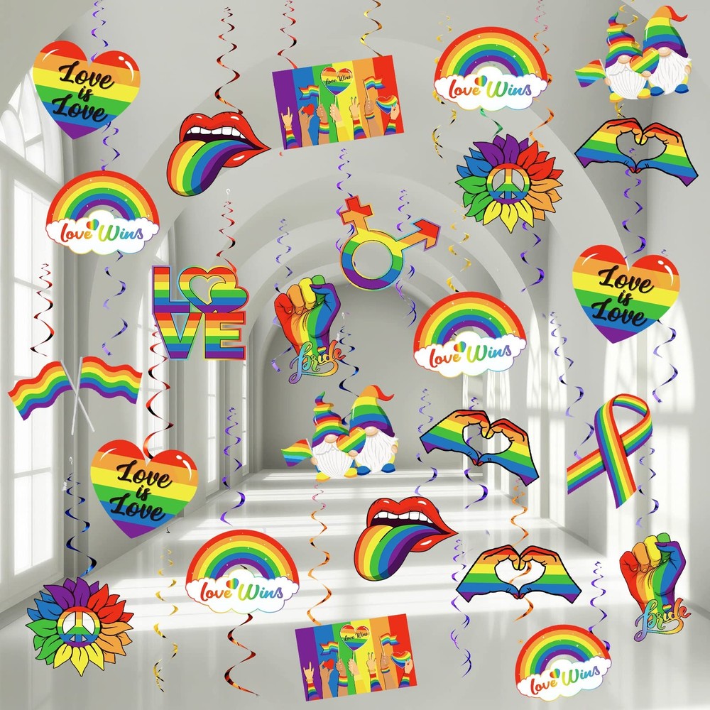 54 Pcs Pride Decorations Gay Rainbow Hanging Decor Swirls Love is Love Bisexual