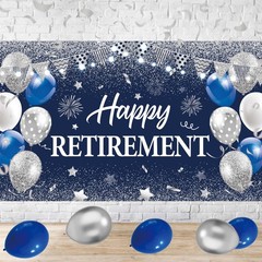 Blue Silver Happy Retirement Banner Large Retirement Party Banner Backdrop for I