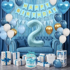 2nd Birthday Decorations Blue White Gold, 25pcs Balloons, Banner, Blue 2nd
