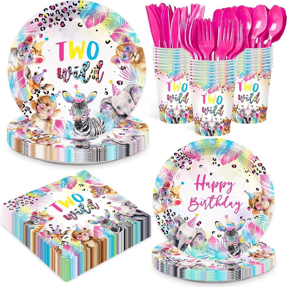 Wildlife 2nd Multicolor Birthday Disposable Tableware (Plates, Napkins, Forks)
