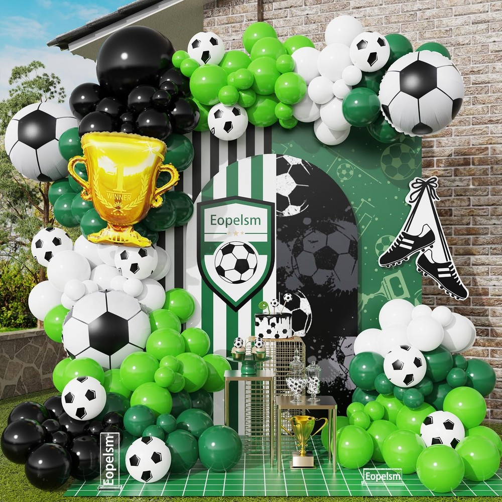 Soccer Balloon Arch Kit 145Pcs Green Black and White Balloons Garland with So…