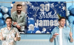 Personalised Birthday Banner Photo Blue Pink Silver Woman Man Child Party Poster