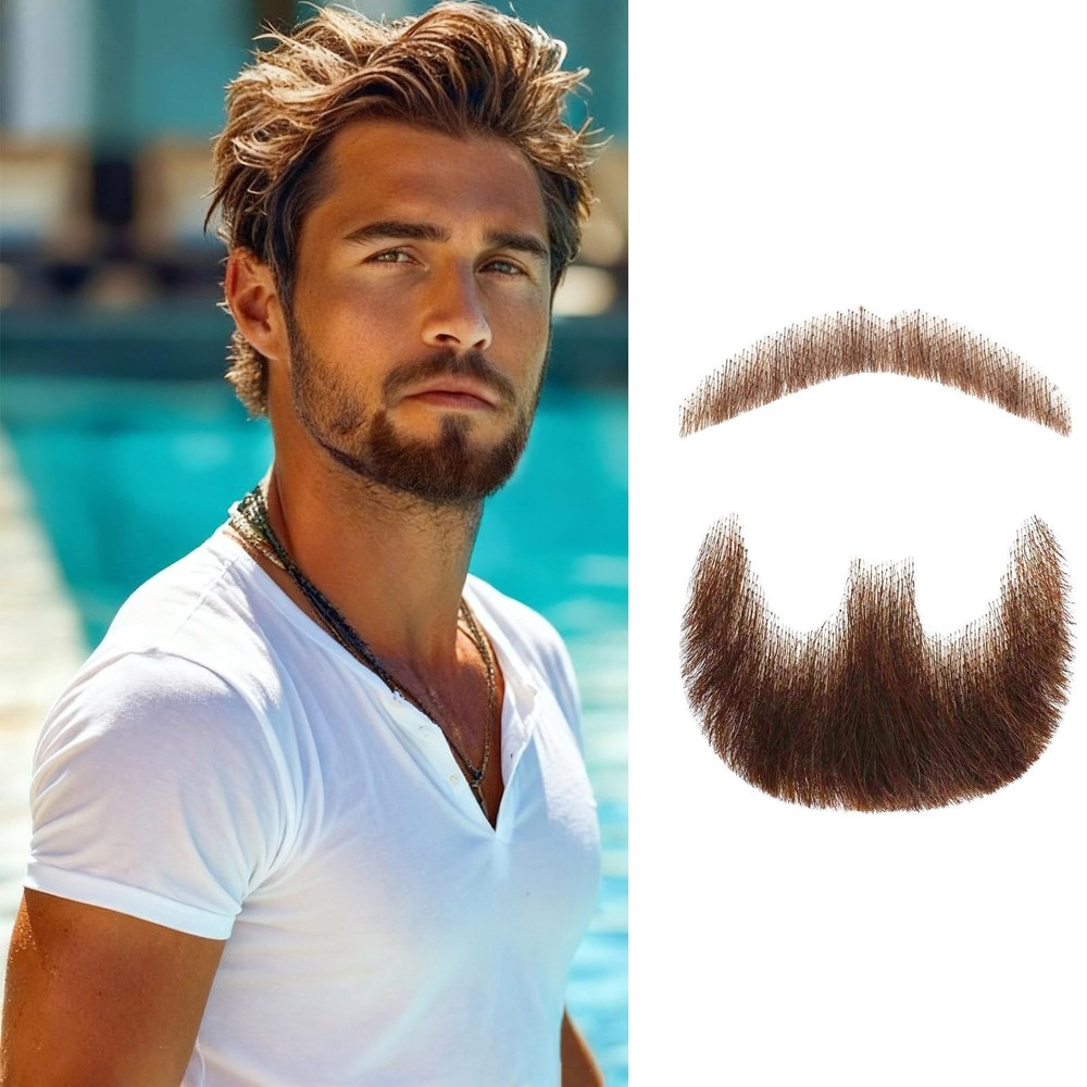 Realistic Human Hair Fake Beard & Mustache Kit – Full Hand Tied Goatee with I…