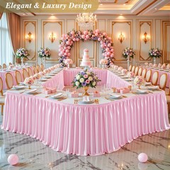 Party Talk 17Ft Baby Pink Satin Table Skirt For Rectangle Or Round Tables