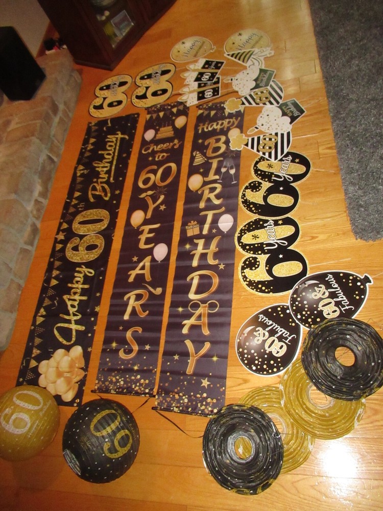 Happy 60th Birthday Party Yard Sign Set Black Gold 60 Birthday Banner Lot (N452)