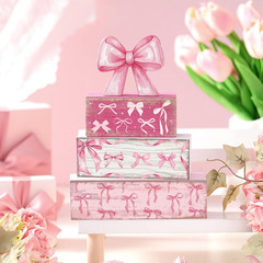 4 Pcs Pink Bow Party Decorations Coquette Table Decor Wooden Pink Bow Block S…
