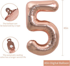 40 Inch Rose Gold Large Numbers Balloons 0-9, Number 5 Digital 5 Helium Balloons