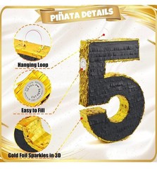 Number 5 Pinata for Kids 5th Birthday Party, Gold Black 20″ Stick Blindfold Conf