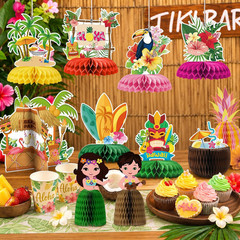 12Pcs Hawaiian Luau Party Table Decorations – Double Sided Tropical Aloha Flamin