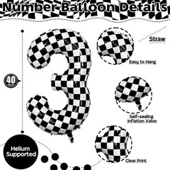3rd Birthday Number Balloons for Boys, 40 Inch Checkered Racing Foil 3 Balloo…