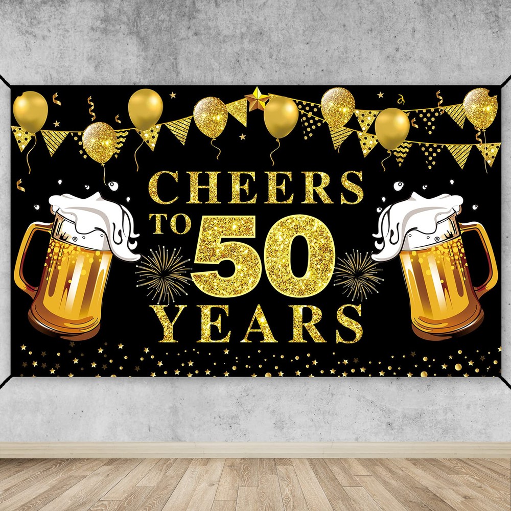 Cheers to 50 Years Banner Backdrop, Black Gold Happy 50th Birthday Decoration…