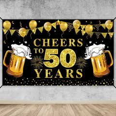Cheers to 50 Years Banner Backdrop, Black Gold Happy 50th Birthday Decoration…
