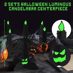 2 Set Felt Gothic Halloween Candelabra Table Decor with Glow Flame Black