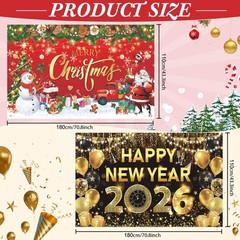 2 Pack Christmas & New Year Banners 2026 Merry Xmas Backdrop Party Decorations