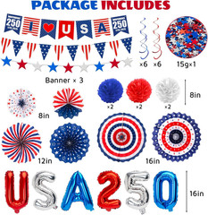 34Pcs 4th of July Decorations Set 250th Patriotic Banner USA Flag String Pape…