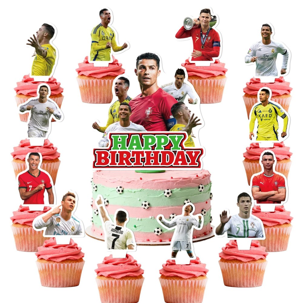 25Pcs Soccer Ronaldo Party Supplies Pack Includes 1 Cake Topper 24 Cupcake To…