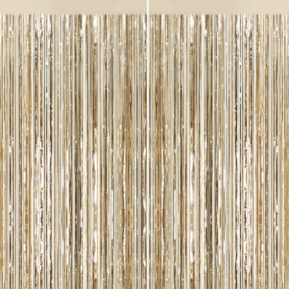 Champagne Gold Foil Fringe Backdrop Curtains Tinsel Party Door Streamers 2 Pack