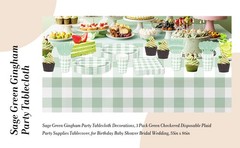 Sage Green Gingham Party Tablecloth Decorations, 3 Pack Green Checkered