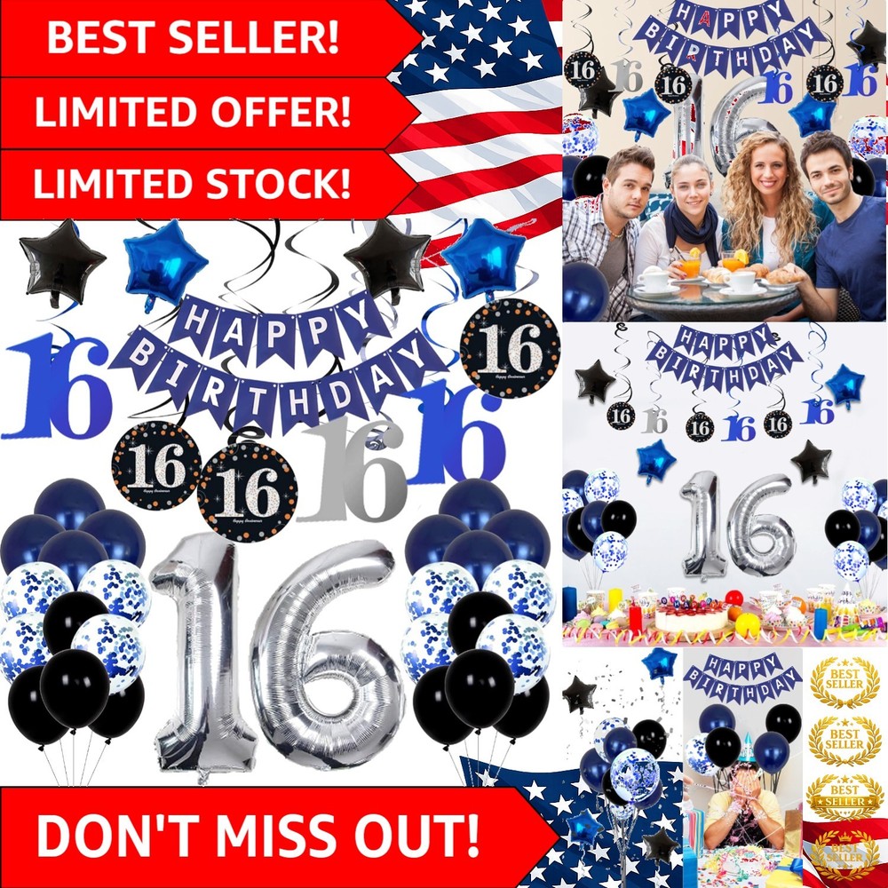 Stylish Happy Birthday Decorations with Silver Number 16 in Dark Blue Theme