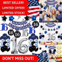 Stylish Happy Birthday Decorations with Silver Number 16 in Dark Blue Theme