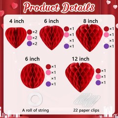 21Pcs Valentines Party Heart Decorations – Red Pink White Purple Paper Honeyc…