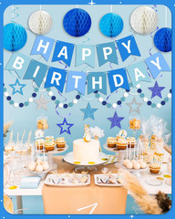 Blue Happy Birthday Decorations, Happy Birthday Banner with Honeycomb Balls, Sta