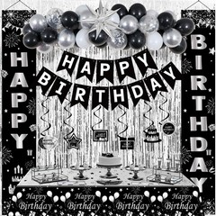 Stylish Black & Silver Birthday Decorations Set for Men, Women, Kids – Balloons,