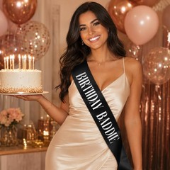 GLITZJOY Birthday Sash, BIRTHDAY BADDIE Sash Black 160cm, & Silver