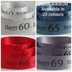 Birthday Ribbon Age 61 to 70 available in 20 colours 25mm x 1 metre cake or gift