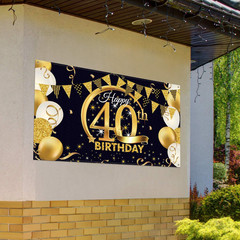 40th Birthday Backdrop Black Gold Fabric Party Banner 72.8×43.3 Photo Booth Sign