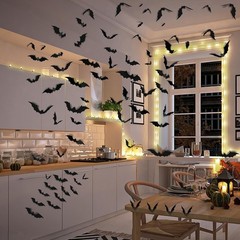 140pcs Bats Hallween Decorations Bats Wall Decor Realistic PVC 3D Black Scary…