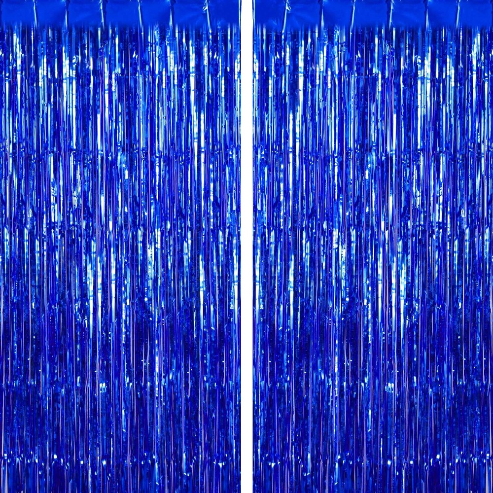 2 Pack Fringe Curtains Backdrops, Foil Fringe Curtains, Door Streamers for Blue