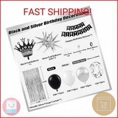 Black Birthday Decorations for Men with White Black and silver Balloons Banner M
