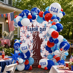 Labor Day Decorations Balloon Arch Kit with Statue of Liberty Labor Day Backdrop