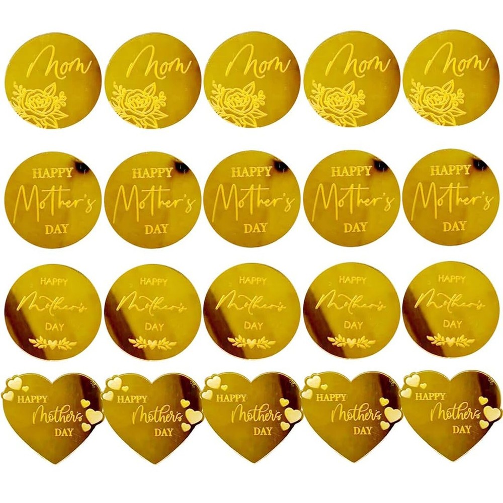 Happy Mother’s Day Acrylic Cupcake Topper, 20 Pcs 4 styles Gold Round Heart M…