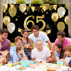 65th Birthday Black Gold Party Backdrop Banner 72x43in Fabric Photo Booth