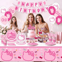 Cut Cat Birthday Decorations Pink Themed Party Supplies Set Including Banner,