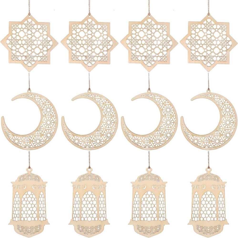 12 Pcs Wood Eid Al Adha Decoration Mubarak Wooden Ornaments Mubarak Hanging H…